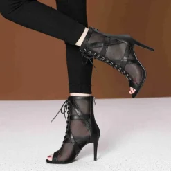 Women's Black Mesh Lace-Up Dance Boots with Open Toe and Stiletto Heel - Ideal for Ballroom and Latin Dance
