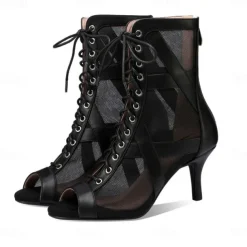 Women's Black Mesh Lace-Up Dance Boots with Open Toe and Stiletto Heel - Ideal for Ballroom and Latin Dance