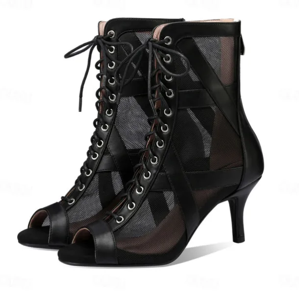 Women's Black Mesh Lace-Up Dance Boots with Open Toe and Stiletto Heel - Ideal for Ballroom and Latin Dance