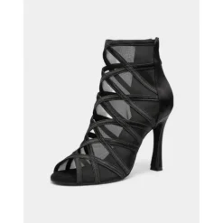 Women's Black Mesh Strappy Latin Dance Shoes with Soft Suede Sole, Back Zipper and Open-Toe Design - Elegant High Heels for Salsa, Tango, and Ballroom
