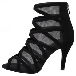 Women's Black Mesh Strappy Dance Boots with Peep Toe - Sexy Stiletto Heels for Salsa, Ballroom, and Latin Dance Performances