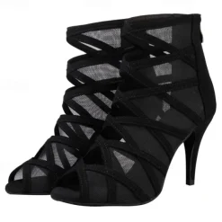 Women's Black Mesh Strappy Dance Boots with Peep Toe - Sexy Stiletto Heels for Salsa, Ballroom, and Latin Dance Performances