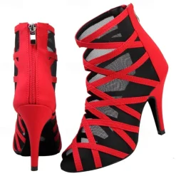 Women's Black Mesh Strappy Dance Boots with Peep Toe - Sexy Stiletto Heels for Salsa, Ballroom, and Latin Dance Performances