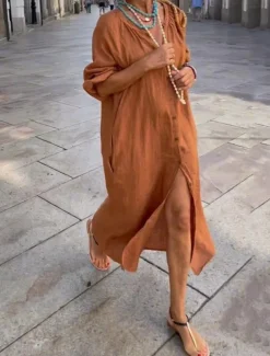 Women's Black Navy Blue Brown Summer Spring Maxi Dress Cotton Linen Dresses Casual Dress Basic Modern Daily Weekend Loose Fit Plain V Neck