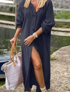 Women's Black Navy Blue Brown Summer Spring Maxi Dress Cotton Linen Dresses Casual Dress Basic Modern Daily Weekend Loose Fit Plain V Neck
