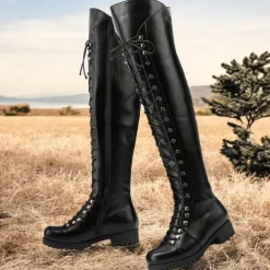 Women's Black Over-the-Knee Lace-Up Boots – Stylish High Faux Leather Boots with Rugged Sole for Outdoor and Fashion Occasions