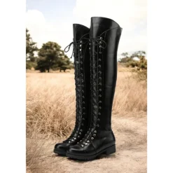 Women's Black Over-the-Knee Lace-Up Boots – Stylish High Faux Leather Boots with Rugged Sole for Outdoor and Fashion Occasions