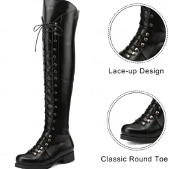 Women's Black Over-the-Knee Lace-Up Boots – Stylish High Faux Leather Boots with Rugged Sole for Outdoor and Fashion Occasions