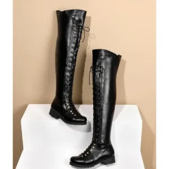 Women's Black Over-the-Knee Lace-Up Boots – Stylish High Faux Leather Boots with Rugged Sole for Outdoor and Fashion Occasions