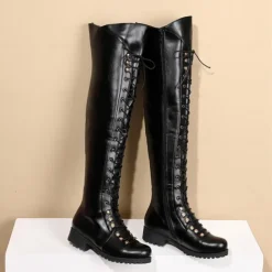 Women's Black Over-the-Knee Lace-Up Boots – Stylish High Faux Leather Boots with Rugged Sole for Outdoor and Fashion Occasions