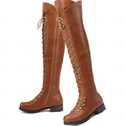 Women's Black Over-the-Knee Lace-Up Boots – Stylish High Faux Leather Boots with Rugged Sole for Outdoor and Fashion Occasions