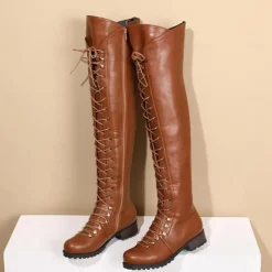 Women's Black Over-the-Knee Lace-Up Boots – Stylish High Faux Leather Boots with Rugged Sole for Outdoor and Fashion Occasions