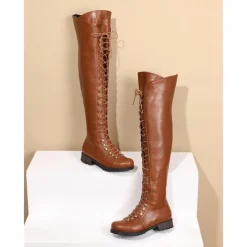 Women's Black Over-the-Knee Lace-Up Boots – Stylish High Faux Leather Boots with Rugged Sole for Outdoor and Fashion Occasions