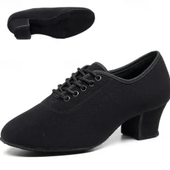 Women's Black Oxford Ballroom Dance Shoes – Canvas Lace-Up Latin Practice Shoes with Suede Sole for Professional Performance & Training