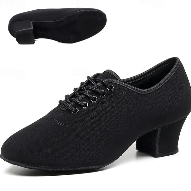 Women's Black Oxford Ballroom Dance Shoes – Canvas Lace-Up Latin Practice Shoes with Suede Sole for Professional Performance & Training