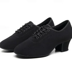Women's Black Oxford Ballroom Dance Shoes – Canvas Lace-Up Latin Practice Shoes with Suede Sole for Professional Performance & Training