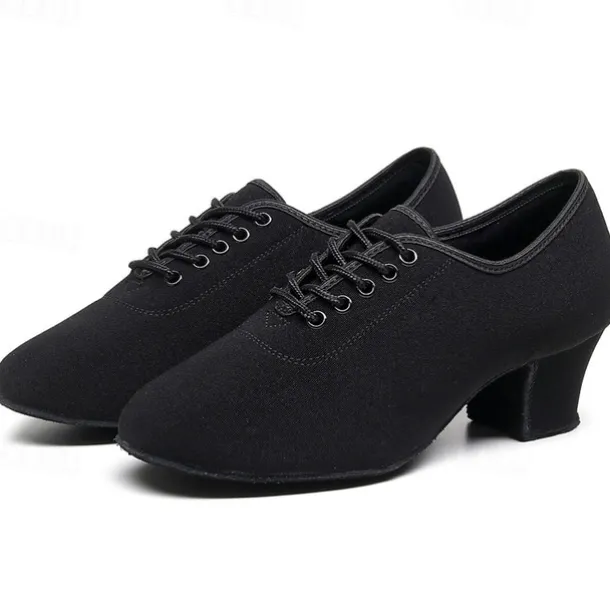 Women's Black Oxford Ballroom Dance Shoes – Canvas Lace-Up Latin Practice Shoes with Suede Sole for Professional Performance & Training