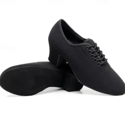 Women's Black Oxford Ballroom Dance Shoes – Canvas Lace-Up Latin Practice Shoes with Suede Sole for Professional Performance & Training