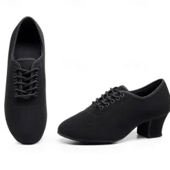Women's Black Oxford Ballroom Dance Shoes – Canvas Lace-Up Latin Practice Shoes with Suede Sole for Professional Performance & Training