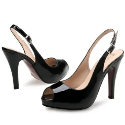 Women's Black Patent Leather Peep-Toe Slingback High Heels – Elegant Stiletto for Formal Events, Parties, and Evening Wear