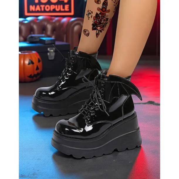 Women's Black Patent Leather Platform Ankle Boots - Bat Wing Lace-Up Gothic Punk Shoes, Chunky Heel Cosplay Boots for Halloween, Parties, and Alternative Fashion Outfits