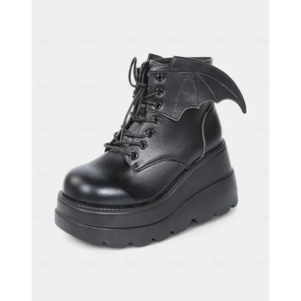 Women's Black Patent Leather Platform Ankle Boots - Bat Wing Lace-Up Gothic Punk Shoes, Chunky Heel Cosplay Boots for Halloween, Parties, and Alternative Fashion Outfits