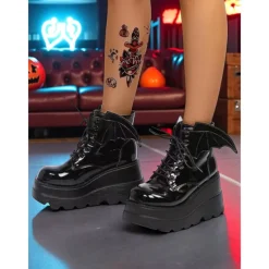 Women's Black Patent Leather Platform Ankle Boots - Bat Wing Lace-Up Gothic Punk Shoes, Chunky Heel Cosplay Boots for Halloween, Parties, and Alternative Fashion Outfits