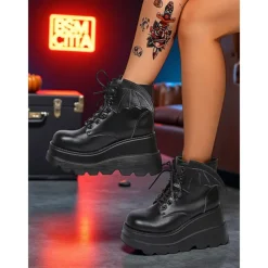 Women's Black Patent Leather Platform Ankle Boots - Bat Wing Lace-Up Gothic Punk Shoes, Chunky Heel Cosplay Boots for Halloween, Parties, and Alternative Fashion Outfits