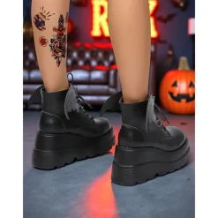 Women's Black Patent Leather Platform Ankle Boots - Bat Wing Lace-Up Gothic Punk Shoes, Chunky Heel Cosplay Boots for Halloween, Parties, and Alternative Fashion Outfits
