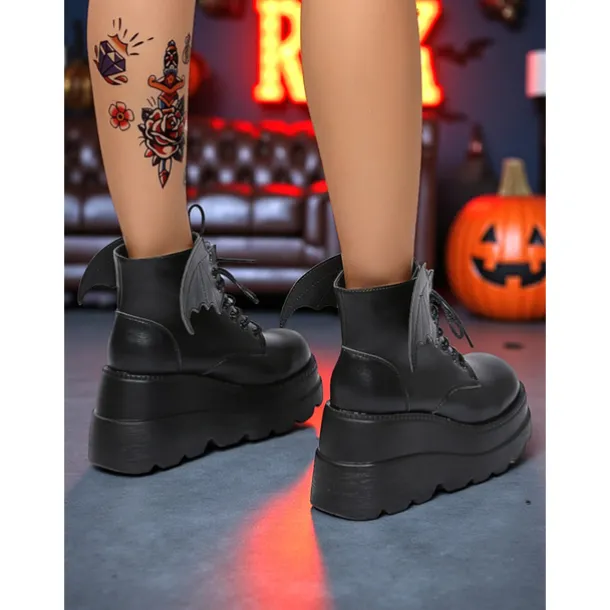 Women's Black Patent Leather Platform Ankle Boots - Bat Wing Lace-Up Gothic Punk Shoes, Chunky Heel Cosplay Boots for Halloween, Parties, and Alternative Fashion Outfits