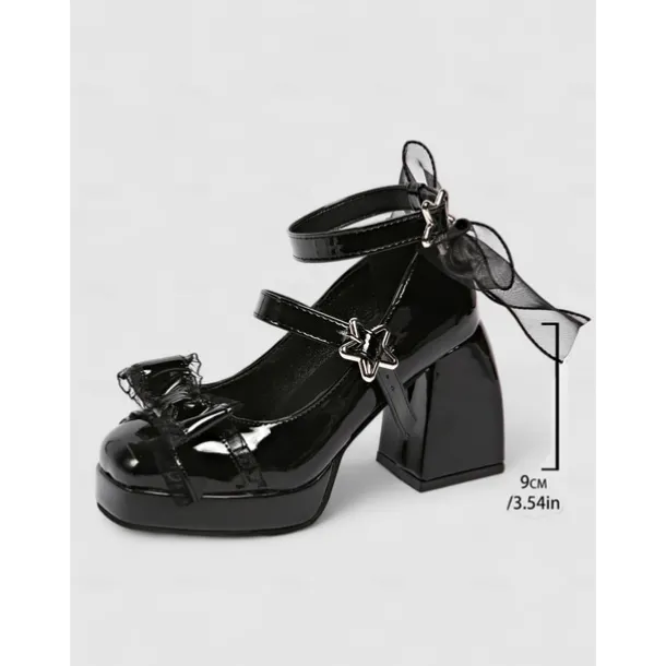 Women's Black Patent Leather Star Buckle Platform Heels – Gothic Lolita Style Mary Jane Shoes with Bows and Sheer Ribbon, Ideal for Halloween, Cosplay and Retro-Inspired Fashion