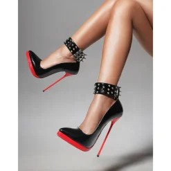 Women's Black Patent Leather Platform Stiletto Heels with Red Sole, Studded Spiked Ankle Straps, Sexy High Heels for Night Out, Parties, and Clubwear
