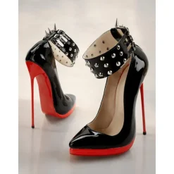 Women's Black Patent Leather Platform Stiletto Heels with Red Sole, Studded Spiked Ankle Straps, Sexy High Heels for Night Out, Parties, and Clubwear