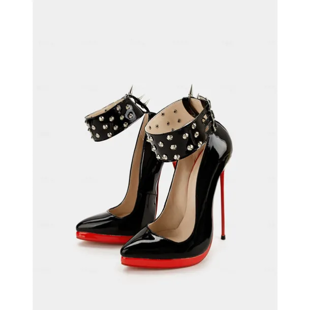 Women's Black Patent Leather Platform Stiletto Heels with Red Sole, Studded Spiked Ankle Straps, Sexy High Heels for Night Out, Parties, and Clubwear