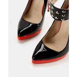Women's Black Patent Leather Platform Stiletto Heels with Red Sole, Studded Spiked Ankle Straps, Sexy High Heels for Night Out, Parties, and Clubwear