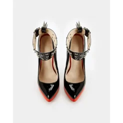 Women's Black Patent Leather Platform Stiletto Heels with Red Sole, Studded Spiked Ankle Straps, Sexy High Heels for Night Out, Parties, and Clubwear