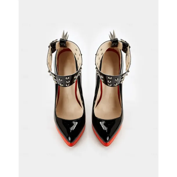 Women's Black Patent Leather Platform Stiletto Heels with Red Sole, Studded Spiked Ankle Straps, Sexy High Heels for Night Out, Parties, and Clubwear