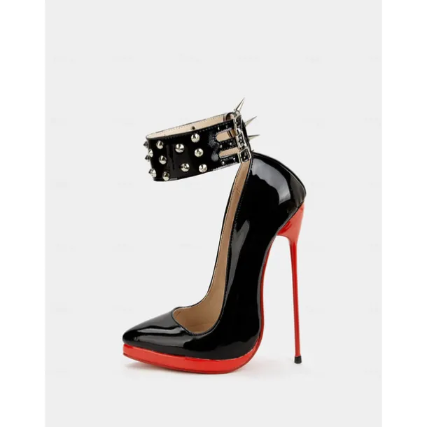 Women's Black Patent Leather Platform Stiletto Heels with Red Sole, Studded Spiked Ankle Straps, Sexy High Heels for Night Out, Parties, and Clubwear