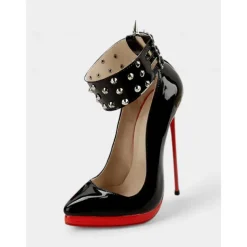 Women's Black Patent Leather Platform Stiletto Heels with Red Sole, Studded Spiked Ankle Straps, Sexy High Heels for Night Out, Parties, and Clubwear