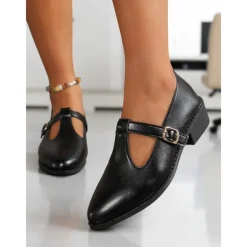 Women's Black Patent T-Strap Mary Jane Shoes – Pointed Toe Low Block Shoes for Office, School and Semi-Formal Events