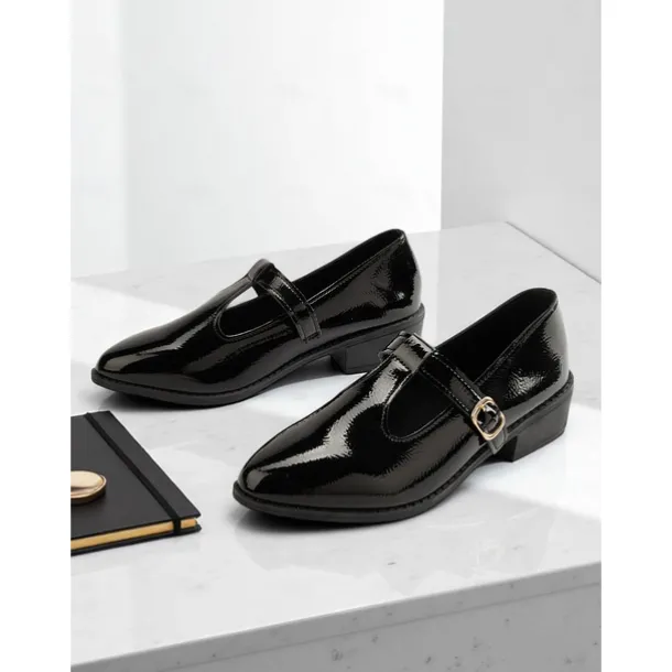Women's Black Patent T-Strap Mary Jane Shoes – Pointed Toe Low Block Shoes for Office, School and Semi-Formal Events