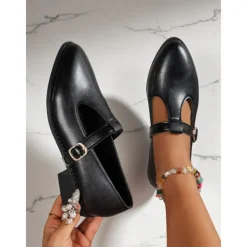 Women's Black Patent T-Strap Mary Jane Shoes – Pointed Toe Low Block Shoes for Office, School and Semi-Formal Events