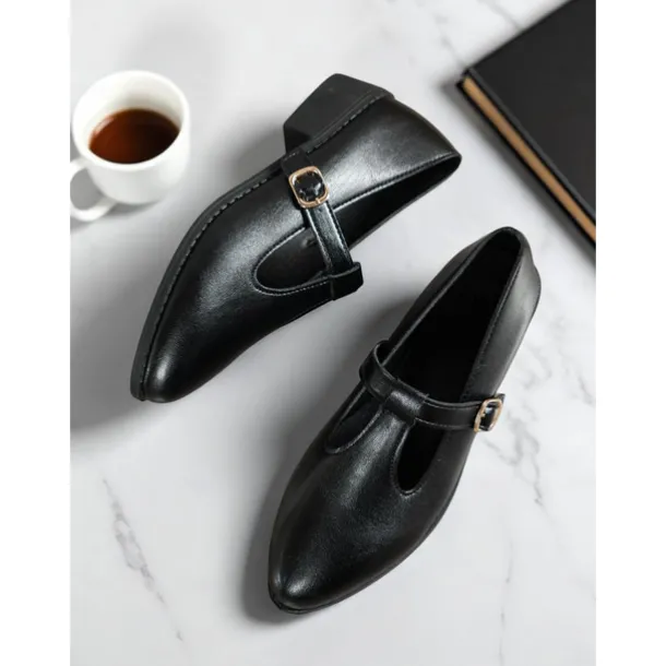 Women's Black Patent T-Strap Mary Jane Shoes – Pointed Toe Low Block Shoes for Office, School and Semi-Formal Events