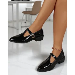 Women's Black Patent T-Strap Mary Jane Shoes – Pointed Toe Low Block Shoes for Office, School and Semi-Formal Events