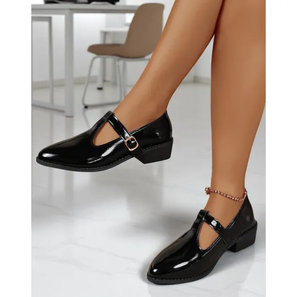 Women's Black Patent T-Strap Mary Jane Shoes – Pointed Toe Low Block Shoes for Office, School and Semi-Formal Events