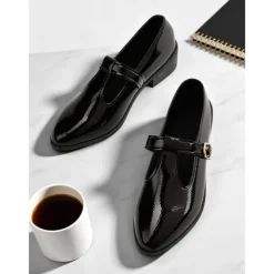 Women's Black Patent T-Strap Mary Jane Shoes – Pointed Toe Low Block Shoes for Office, School and Semi-Formal Events