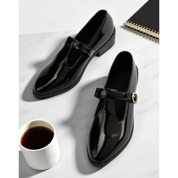 Women's Black Patent T-Strap Mary Jane Shoes – Pointed Toe Low Block Shoes for Office, School and Semi-Formal Events