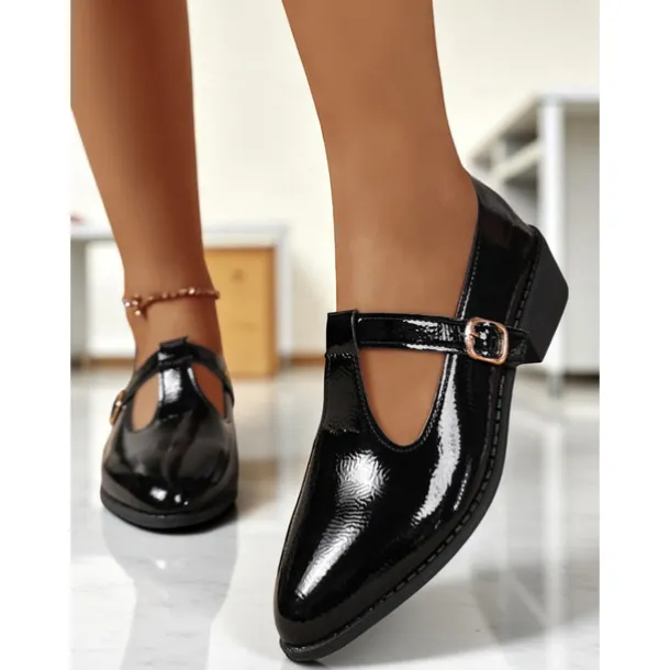 Women's Black Patent T-Strap Mary Jane Shoes – Pointed Toe Low Block Shoes for Office, School and Semi-Formal Events