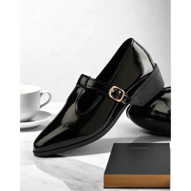 Women's Black Patent T-Strap Mary Jane Shoes – Pointed Toe Low Block Shoes for Office, School and Semi-Formal Events