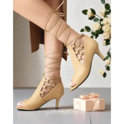 Women's Black Peep Toe High Heel Booties - Lace-Up Ankle Short Boots for Nightlife and Party Outfits